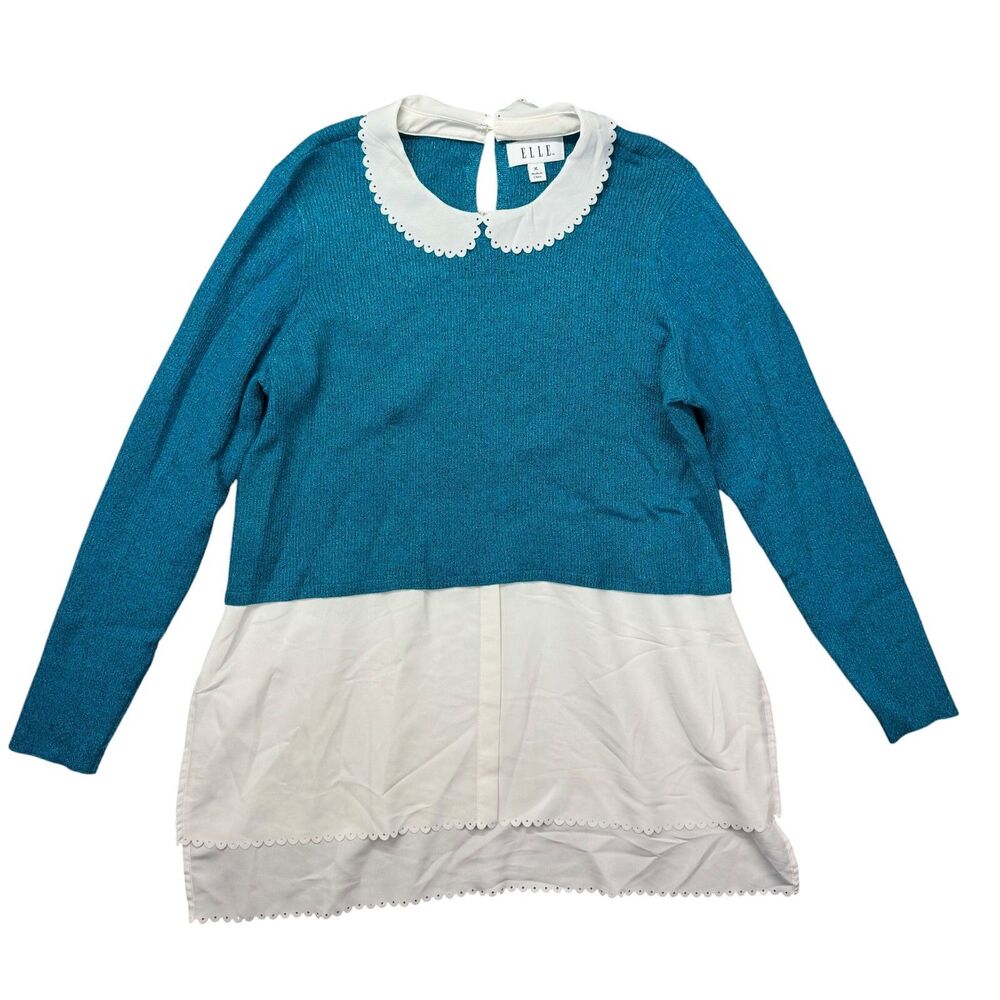 Elle Top Women's Extra Large Blue Ivory Long Sleeve Scalloped Detail Cottagecore